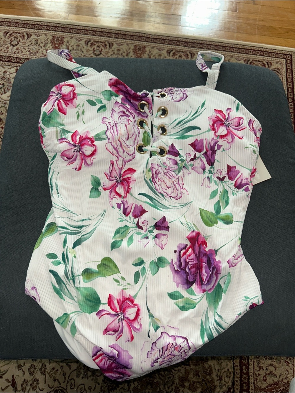 Floral Lace-Up One-Piece Swimsuit in White with Pink & Purple Flowers